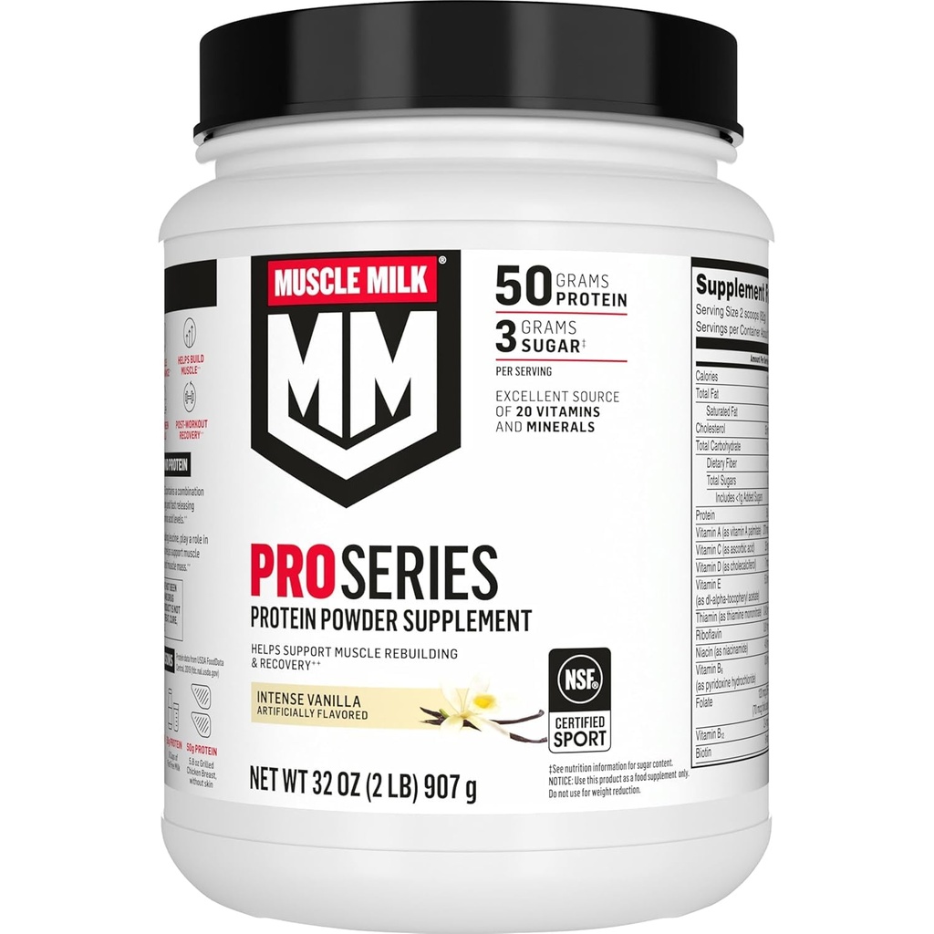 Muscle Milk Pro Series Proteine Powder Supliment, Intense Vanilla, 2 Lire, 11 Serviri, 50g Proteina, 3g Zahăr, 20 Vitamine & Minerale, NSF Certificat pentru Sport, Antrenament de recuperare, Ambalaj mai Vary