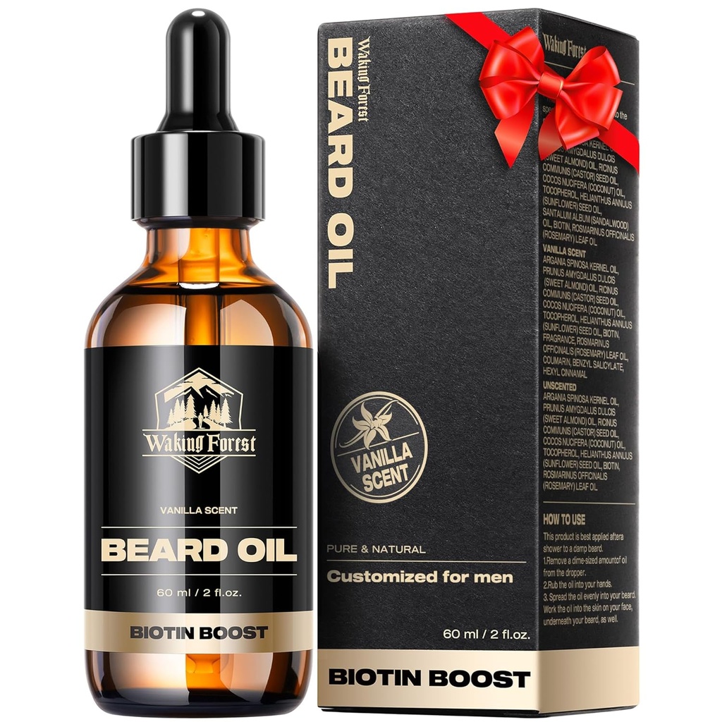 Waking Forest Beard ulei - 60ml Vanilla Biotin Barbă ulei pentru bărbați Barbă mai gros cu vitamina E, Rosemary, ulei de mustață Castor pentru bărbați negri, Softens și consolidează ulei de îngrijire barbă