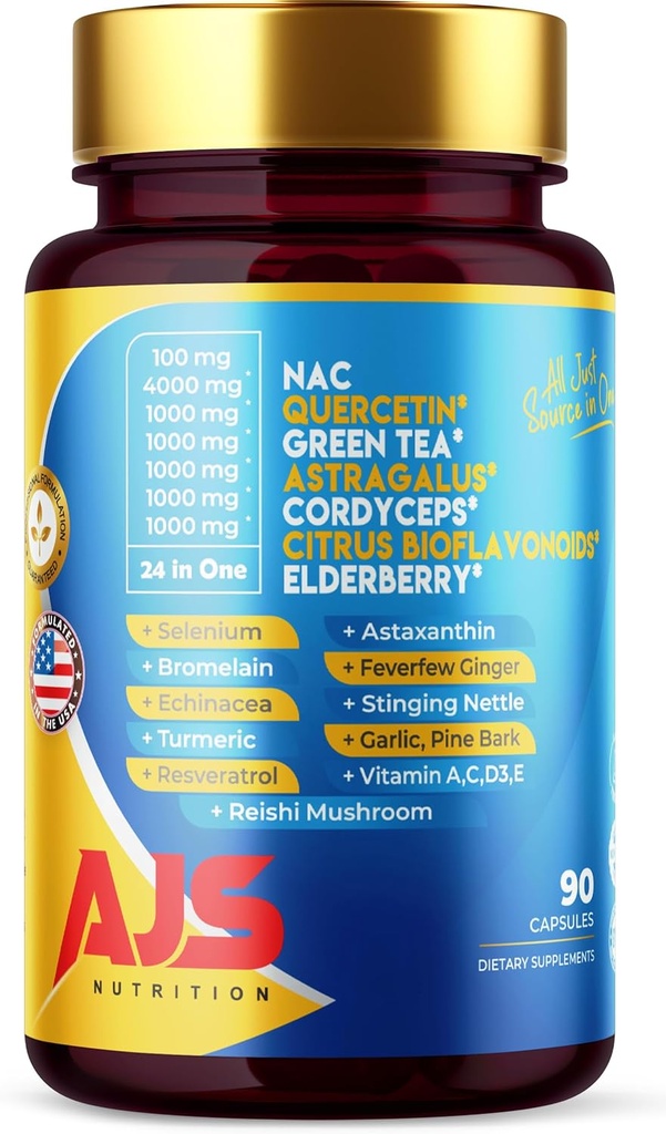 AJS Querbetin 4000 mg cu Nac Ceai verde Cordycepscitrus Elderberry Seleniu Bromelain Echinacea Turmeric Resveratrol Astaxantină Feverfeater Ginger Reishi Mushroom 90 Caps 20 in 1