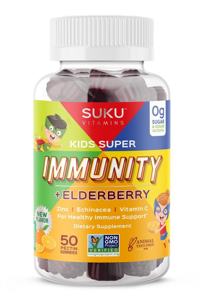Vitamine SUKU - Copii Super Imunitate - Elderberry, Echinacea, Vitamina A și Gumies de zinc pentru sprijin imun - Ușor de mestecat - Non OMG, Gluten Sugar Free - Pomegranate Lime Gummy Vitamine, 50 Conte