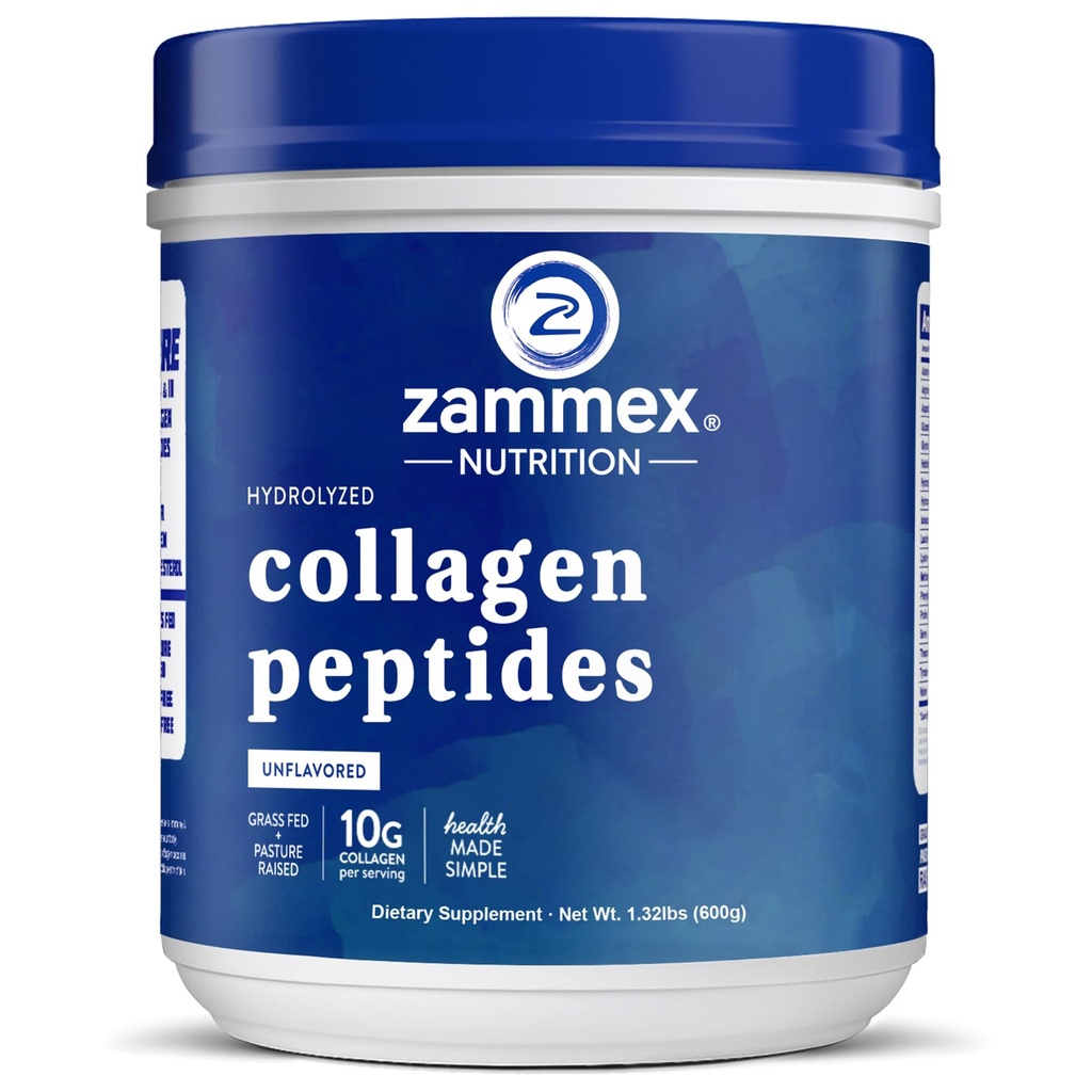 Zammex Premium Colagen Peptides Pulbere nearomatizată,Hydrolyzed Proteine Tipuri I & III, Sprijină Părul, Pielea, Nails, Articulații, Grass Fed, Non-GMO, Gluten-Free,Paleo & Keto Friendly,60 Serviri