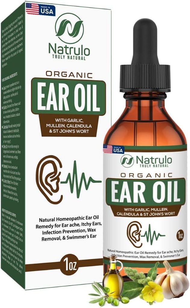 Ulei de ureche organic pentru infectia urechii - picaturi naturale pentru durere de ureche, indepartarea urechii si ceara inotatoare - Copii, Adulti, Baby, & Dog Earache Remedy - Picături de ureche cu Mullein, Usturoi, Calendula Made in USA