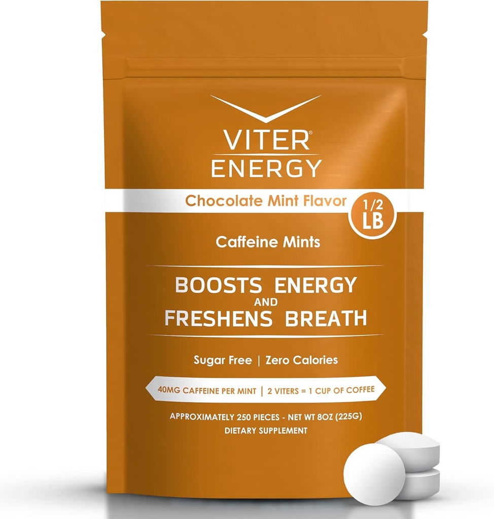 Viter Energy 40mg Cafeine Mints - Sugar Free, B Vitamine, Vegan, Boosts Fast Energetic Alert Focus, Pastile Nootropice Supliment cofeinate (Chocolate Mint Flavor, 8oz, Bulk Bag)