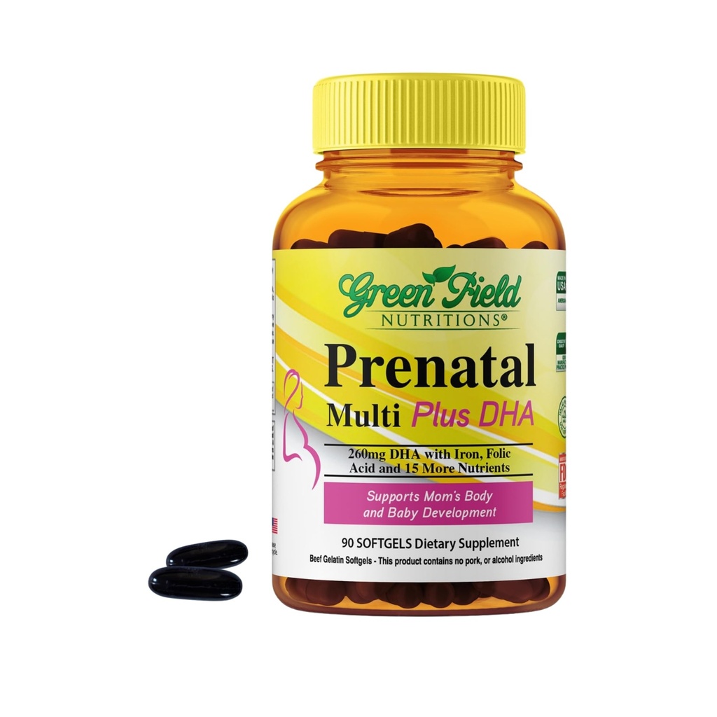 Greenfield Nutritie Vitamine Halal prenatale cu DHA si acid folic - Sarcina prenatala esentiala Multivitamine cu fier - Contine 17 vitamine pentru mama sa fie - usor de inghitit 90 Softgels lichid