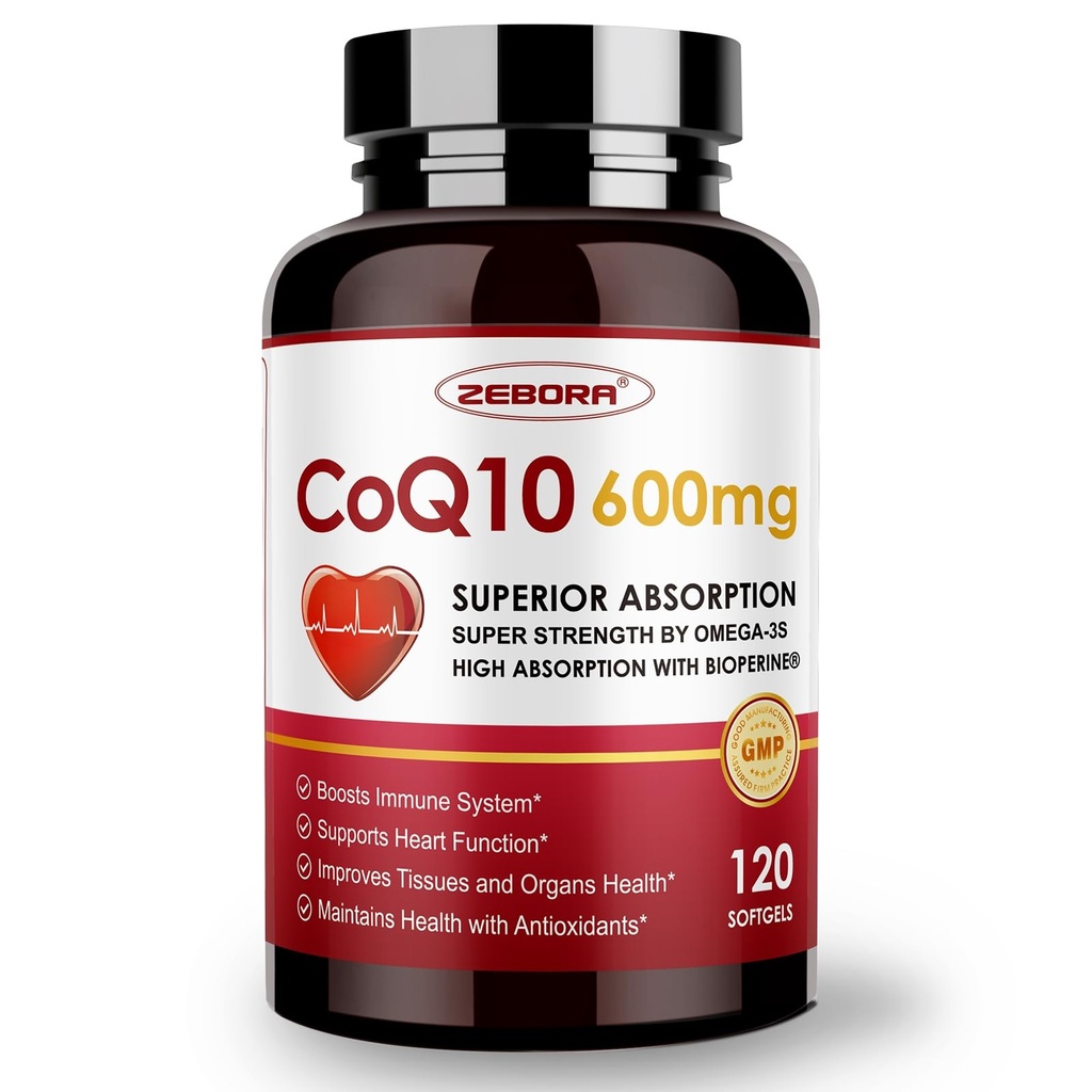 ZEBORA CoQ10-600mg-Softgels - Coenzimă de rezistență suplimentară Q10 cu PQQQ, Omega-3 și BioPerine - Suplimente de înaltă absorbție CoQ10 Antioxidant (Ubichinonă) pentru Heart Health & Energy Production, 120 Softgels