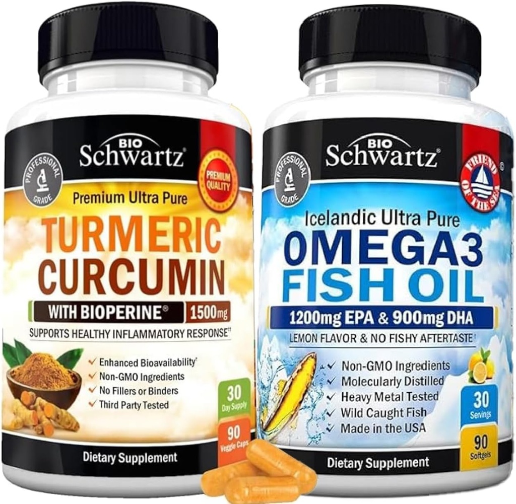 Putere triplă Omega 3 Softgels ulei de pește (1 lună de aprovizionare) Plus Curcumin Turmeric cu extract de piper negru 1500mg complex (dimensiune proces)