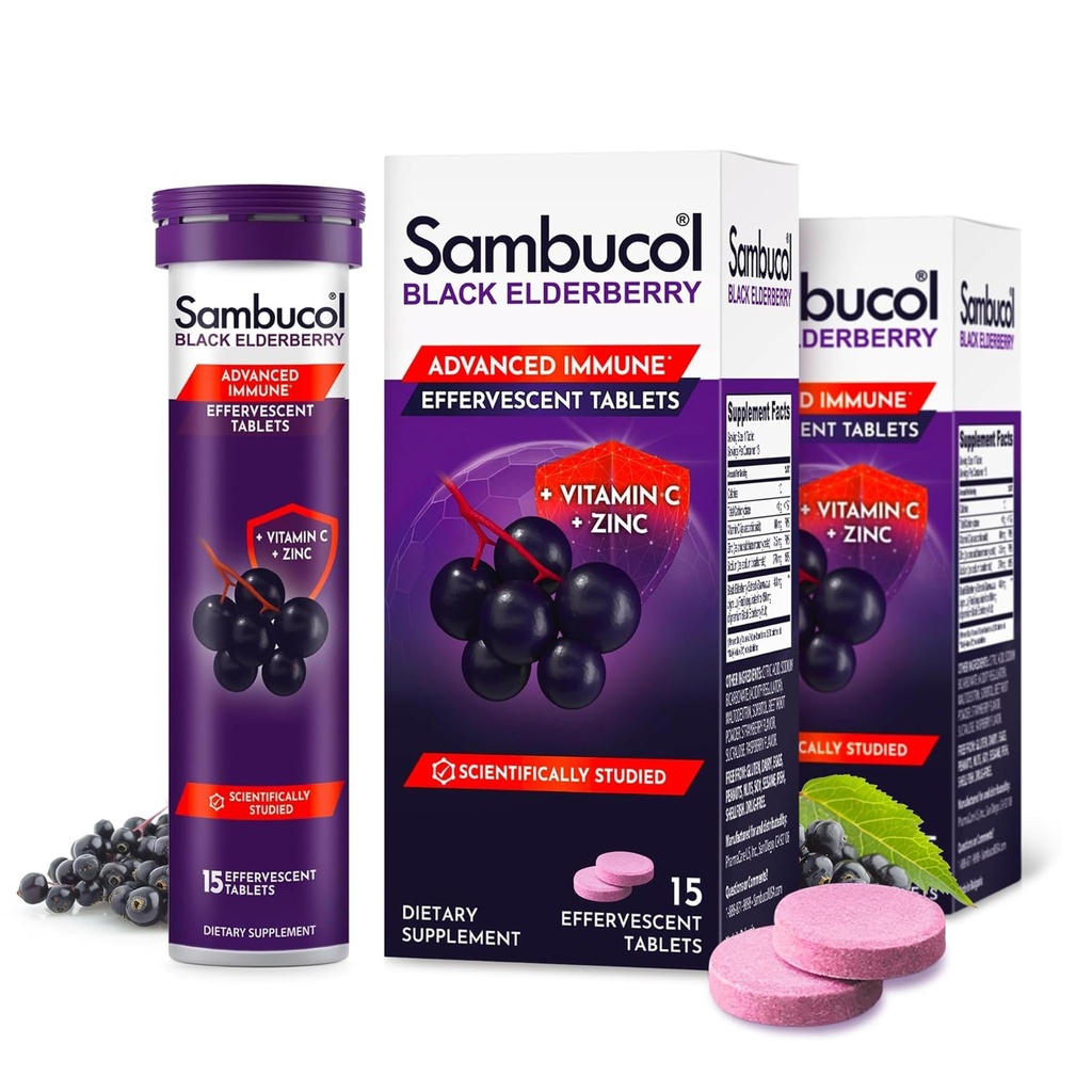Sambucol Black Elderberry Tablete cu vitamina C & Zinc - Supplement de sprijin imun, Black Elderberry cu zinc și vitamina C Tablete efervescente, Antioxidanți mari, Bea Fizzies- 30 Conte