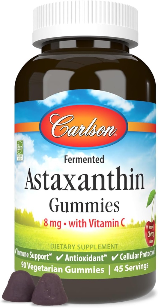 Carlson - Astaxanthin Gummies, cu vitamina C, suport imun, antioxidant, Heart Health, Non-GMO, Cherry Flavor, 90 Vegetarian Gummies