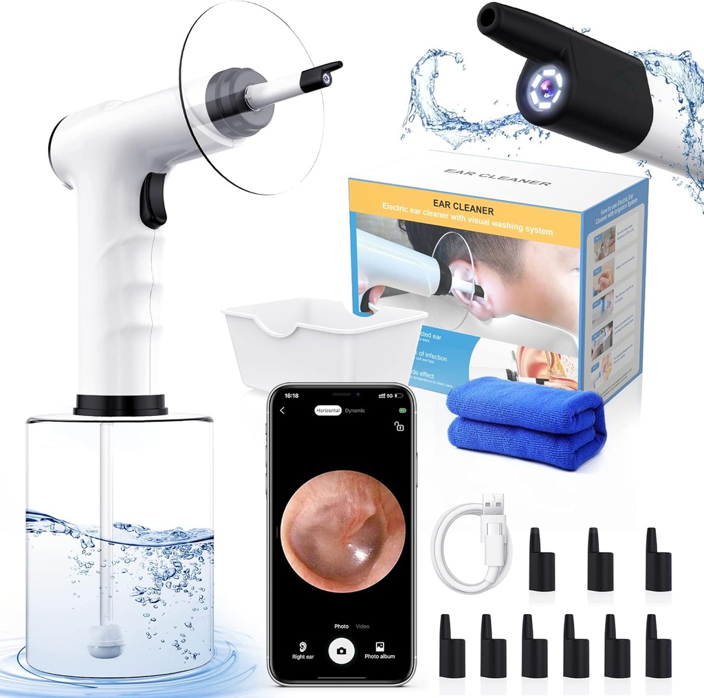 Îndepărtarea urechii, Curățarea urechii Kit, Curățarea urechii cu apă, cu 3 Moduri de presiune 12 Sfaturi de înlocuire, Sistem de irigare a urechii Flushing, Instrument sigur și eficient de îndepărtare a urechii (Negru)