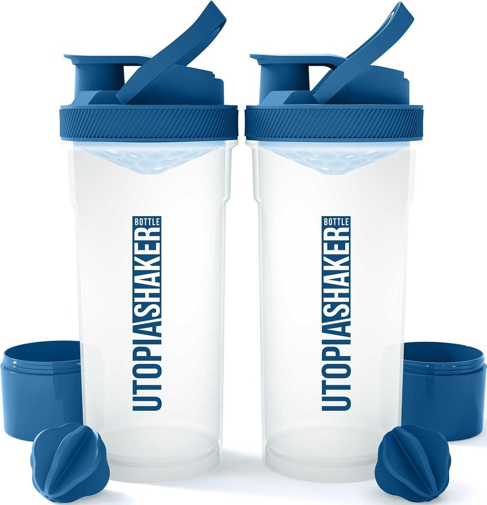 Utopia Home Shaker Bottle 2 Pack - 24 Ounce Proteina plastica sau Cocktail Shaker Sticla pentru Pre & Post antrenament cu Twist & Lock Proteine cutie de stocare (Clear/Navy)