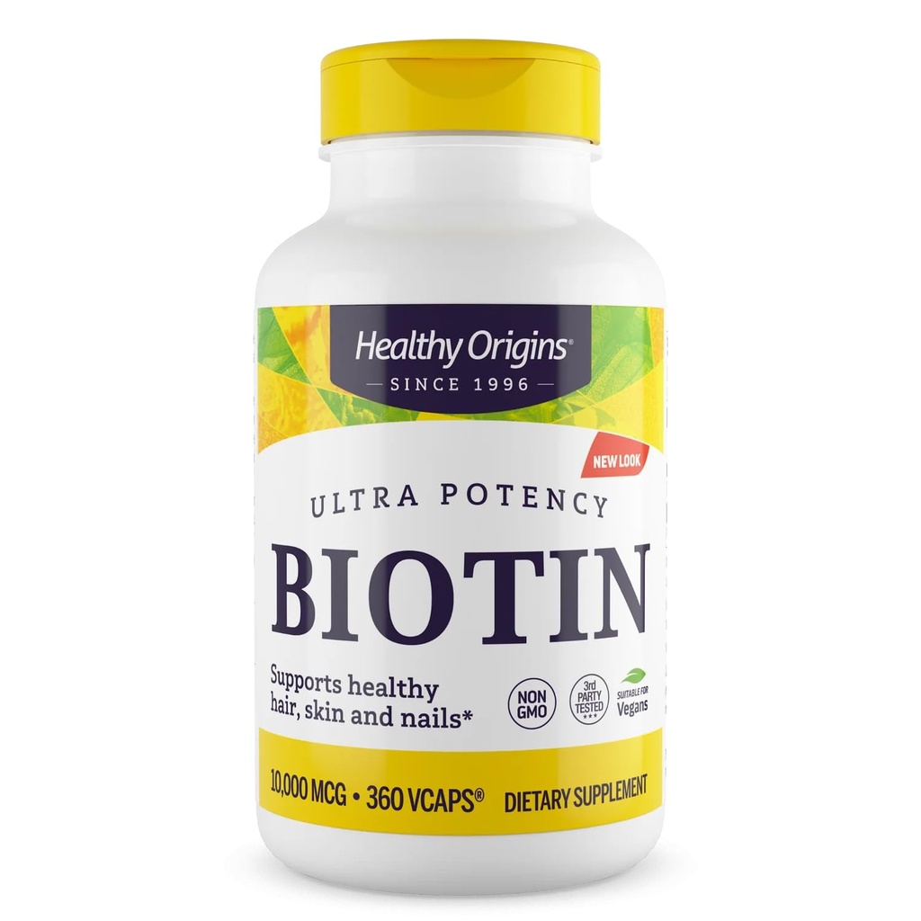Origini sănătoase Biotin 10000 mcg (grad USP, non-GMO, gluten gratuit, suport pentru par, Nail Support), 360 Veggie Caps