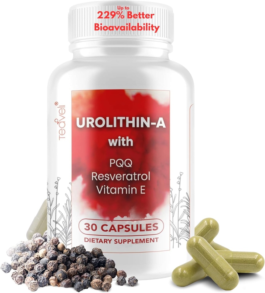 Urolitina A avansată (15 serviri) & Suplimentul celulelor stem cu 500 mg Urolitină A, Resveratrol, PQQ, Vitamina E & Bioperine 