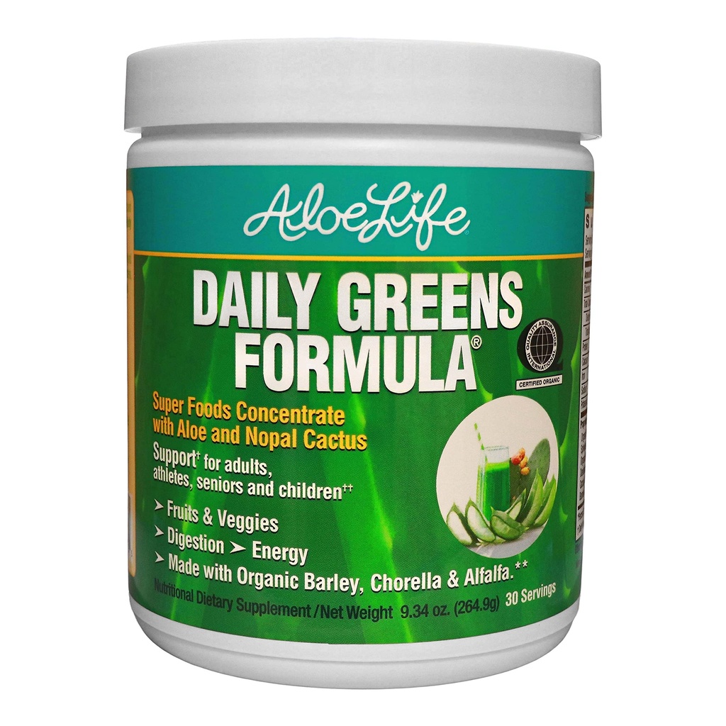Aloe Life - Daily Greens Powder, QAI-Certified Organic Health Supplement, Antioxidanti, 21 Fruits, Veggies, & Herbs Inclusiv Aloe & Nopal Cactus, Low-Calorie, Keto-Friendly, Gluten-Free (30 Servings)