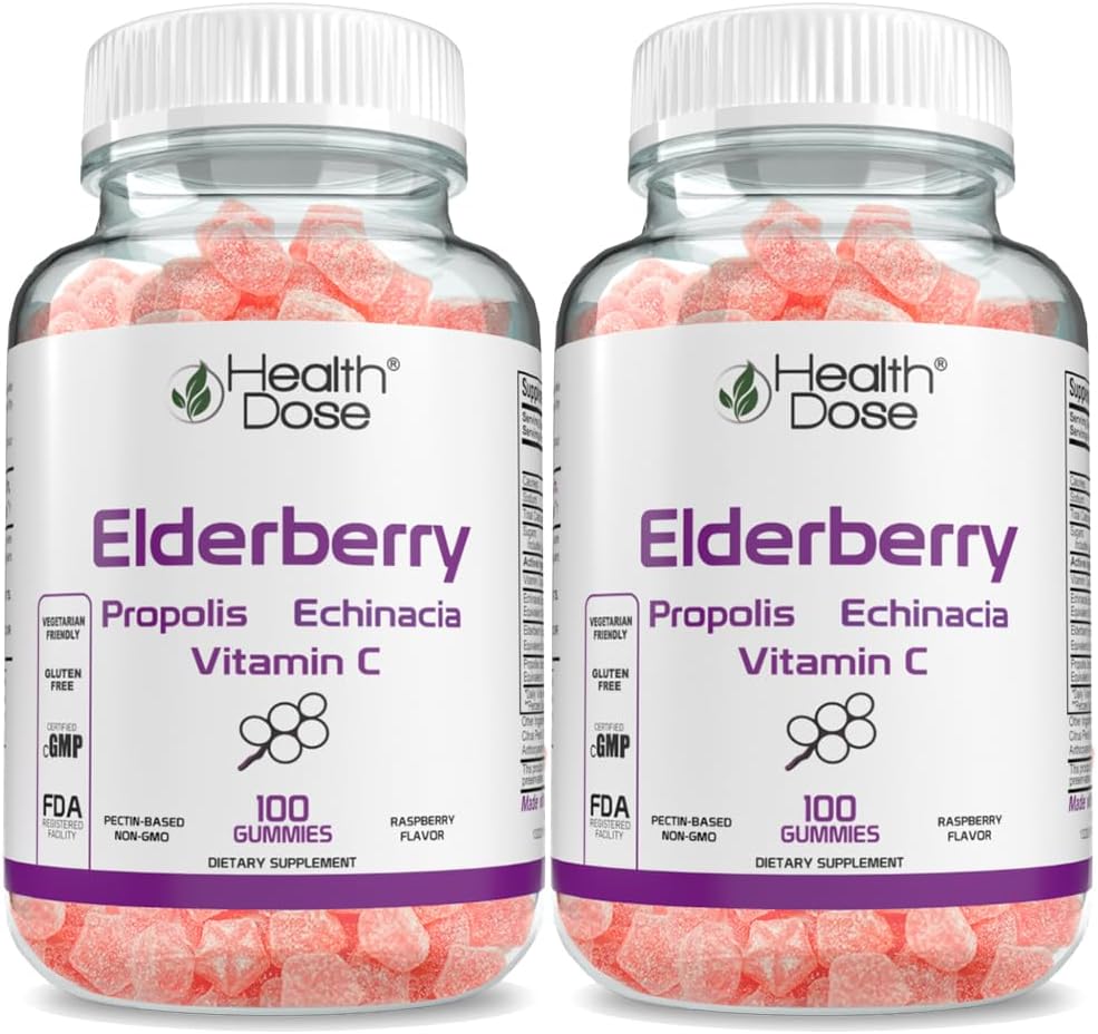 Sănătate Doza de Elderberry Sambucus Gummy Vitamine Copii 100 Gummies. cu Extract de Propolis, Echinacea, Vitamina C, Yummy Aroma de zmeura, Vegan, Gluten-Free, Defense, Immune Support Booster. Cutie cu 2 flacoane