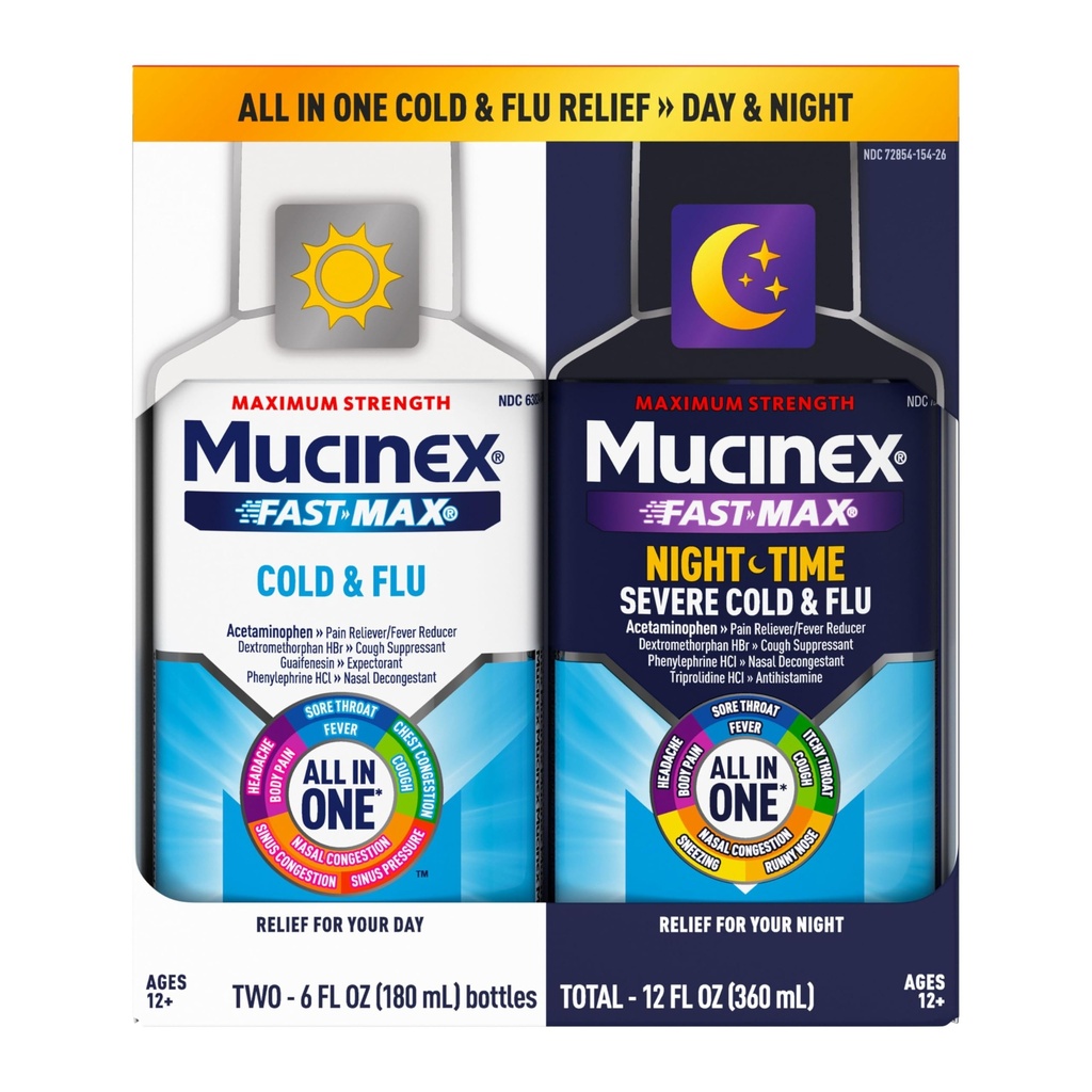 Mucinex Rapid-Max Rece și Flu & Nightshift Medicina pentru adulți, Over-The-Conunter Combo Pack pentru calmarea gâtului Sore, Decongestant, Tuse & Rece Medicina (2 x 6 Fl Oz)