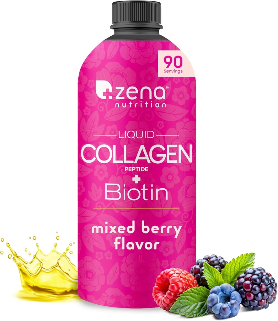 Zena Nutritie lichid Colagen Peptides și Biotin, 2500mg Verisol Bioactive Colagen Peptides, 5000mcg Biotin, Păr, Piele, Nail Supliment pentru femei și bărbați, mixt Berry, 90 Serviri, 30 fl oz