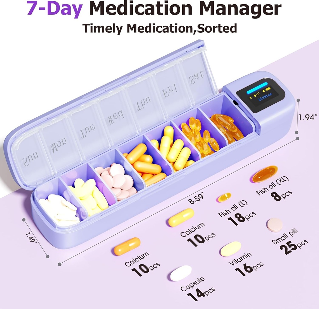 Daviky Smart Pill Organizator cu alarmă, Bluetooth Zilnic, o dată pe zi, cutie pilula 7 zi cu APP, săptămânal de călătorie pilula caz, portabil Pilula Reminder pentru medicamente, suplimente și vitamine (Purple)