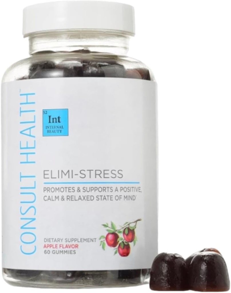 Consult Health - ELIMI-Stres Vegas Gumries - Stress Relief - Scaderea oboselii - Aroma naturală de mere - extract de rădăcini și frunze de Ashwagandha - Extract Tumeric - Cafeină liberă - 60 Conte