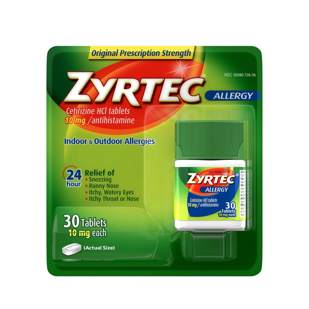 Zyrtec 24 Ore Suplimente de urgenţă pentru alergie, 10 mg HCl Cetirizină Medicamente antihistaminice pentru alergii, 30 oc