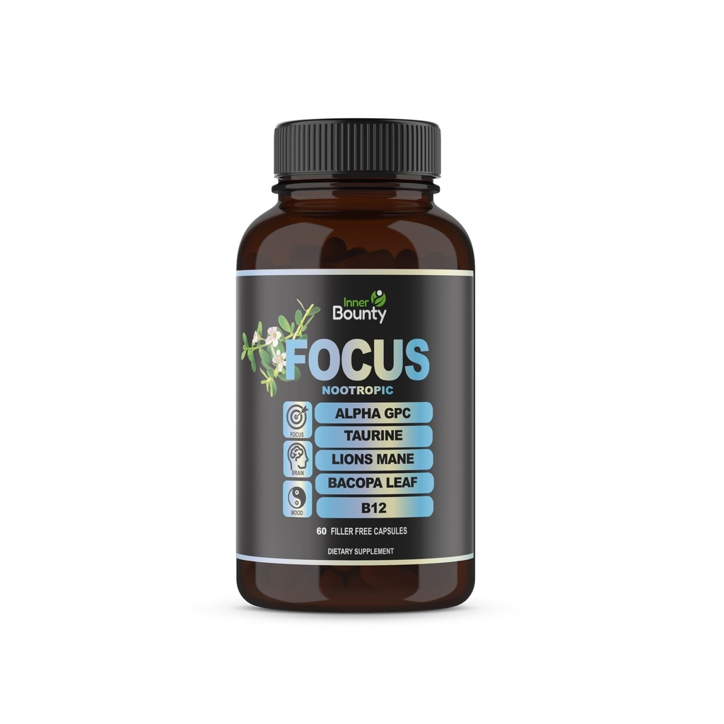 Focus 14-in-1 Nootropic Creier Supliment cu Lions Mane, Alpha GPC Choline, Vitamina C & B12, Taurine, Bacopa - Energie, Cognitive, Memorie Suport, 60 Filler Capsule libere