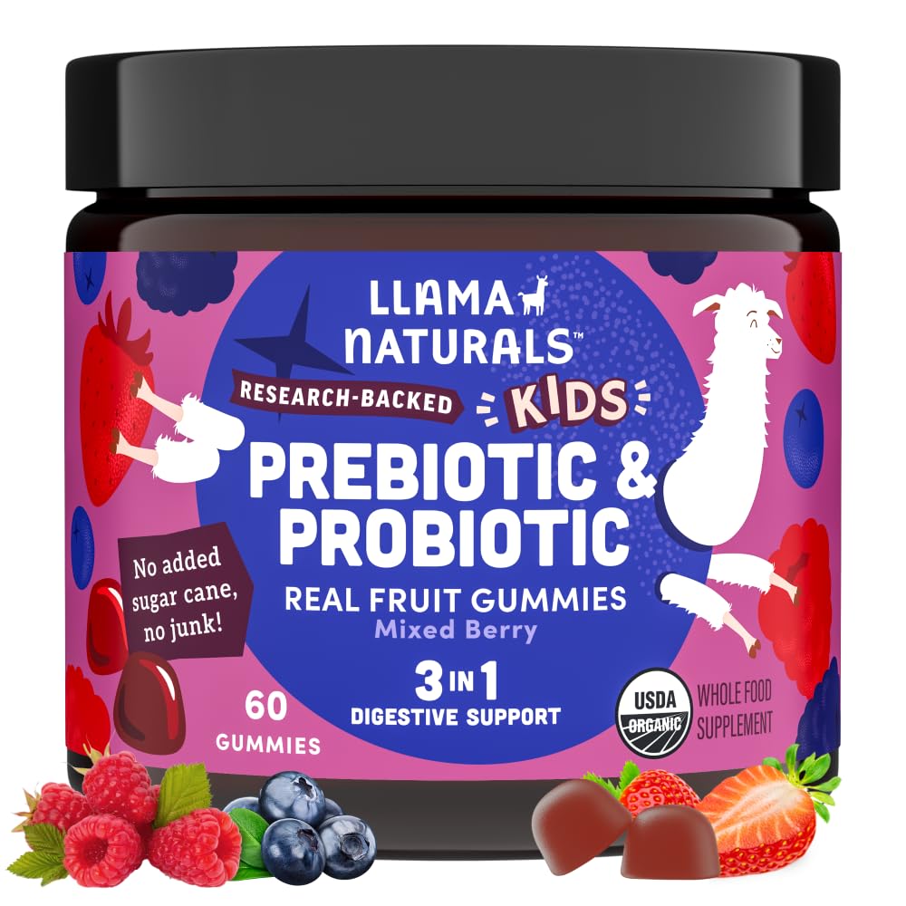 Llama Naturals Kids Probiotic cu Prebiotic Fiber, Vegan, Organic Prebiotice și Probiotice Gumies pentru suport de sănătate Gut, Toddler Gummy fructe reale vitamine, No Adăugat trestie de zahăr, mixt Berry, 60 Ct
