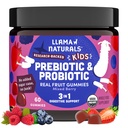 Llama Naturals Kids Probiotic cu Prebiotic Fiber, Vegan, Organic Prebiotice și Probiotice Gumies pentru suport de sănătate Gut, Toddler Gummy fructe reale vitamine, No Adăugat trestie de zahăr, mixt Berry, 60 Ct
