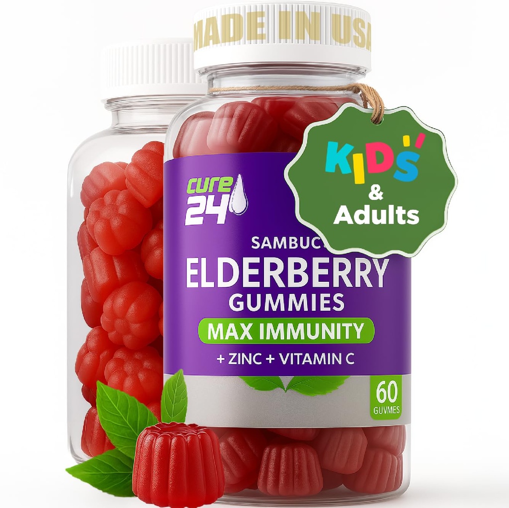 Sambucus Elderberry Gummies + Vitamina C + Zinc pentru copii & Adulți, X3 Suport imun, Aromă naturală + Ingrediente, Vegan, Non-GMO, Made in USA (60)