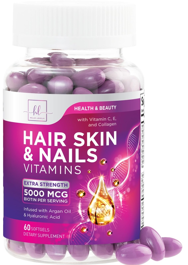 Păr, Piele și unghii Vitamine pentru femei - Biotin 5000mcg pentru a sprijini creșterea părului cu ulei de argan, Colagen & Acid hialuronic, Piele frumoasă, mai puternică, supliment de vitamine păr și unghii - 60 Softgels