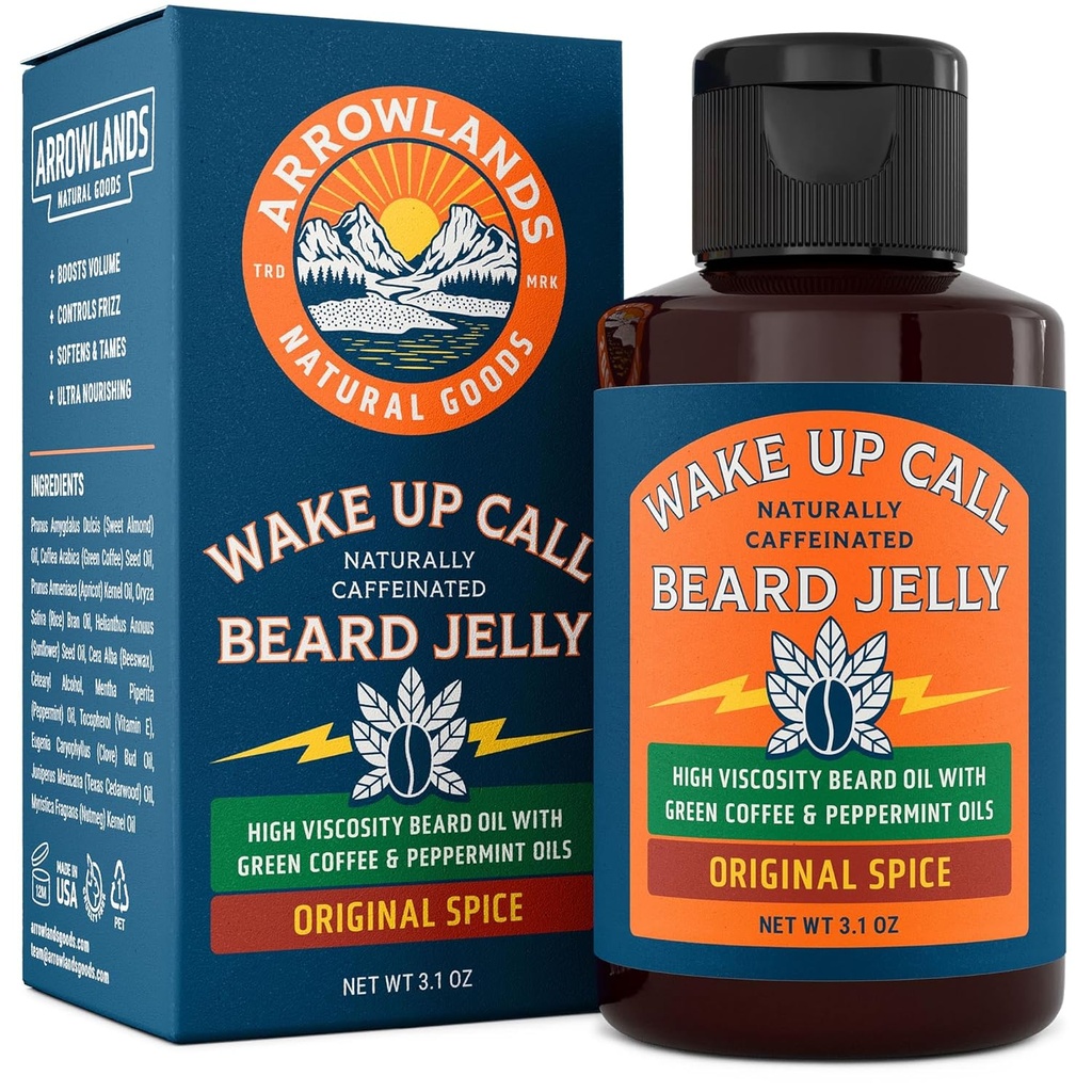 Wake Up Call Beard Jelly - Caffeine Barbă ulei de creștere cu ulei de cafea verde virgin și mentă, îngroșat natural și Moisturizer (3.1oz, Original Spice)