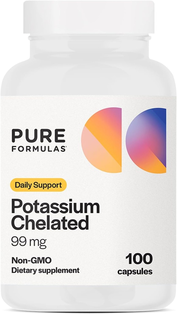 PureFormulas Supliment de potasiu Chelated 99 mg Formula de potasiu pur de mare absorbabil pentru energie, nervi, musculare, rinichi, inima, și suport scheletal, non-GMO - 100 capsule vegetariene