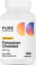 PureFormulas Supliment de potasiu Chelated 99 mg Formula de potasiu pur de mare absorbabil pentru energie, nervi, musculare, rinichi, inima, și suport scheletal, non-GMO - 100 capsule vegetariene