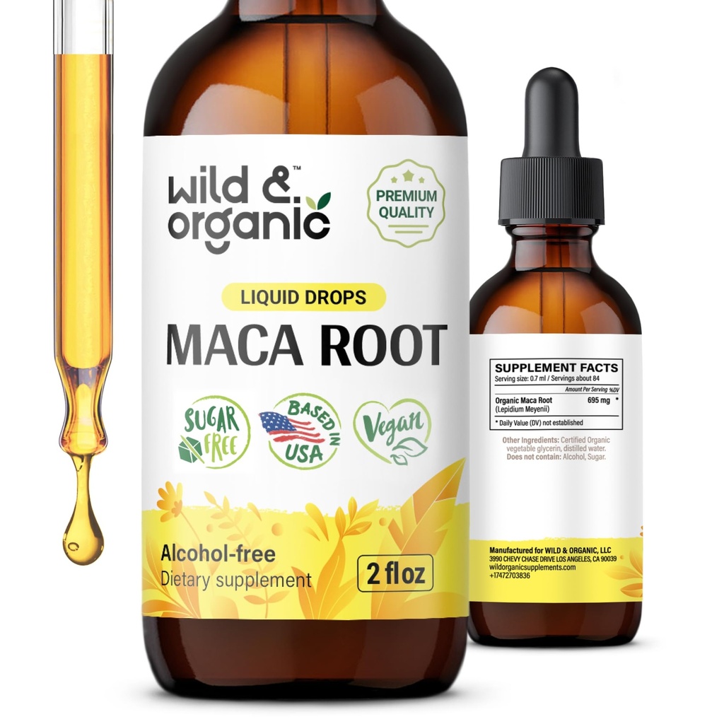 Picături rădăcină Maca sălbatice și organice pentru femei și bărbați - Mood, Focus, Active Lifestyle - Peruvian Maca Supliment - Vegan, Sugar & Alcool - 2 fl oz