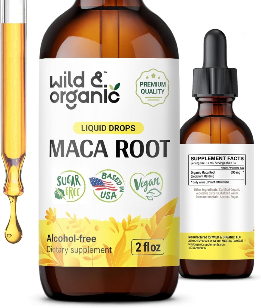 Wild & Organic Maca Root Drops for Women & Men - Mood, Focus, Active Lifestyle - Peruvian Maca Supplement - Vegan, Sugar & Alcohol-Free Tincture - 2 fl oz