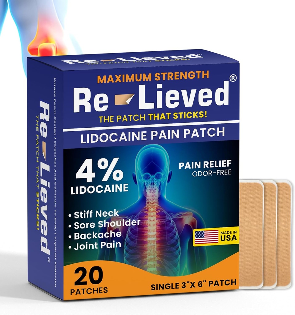 Re-lieved 4% Lidocaină Patches Putere maximă - Aluminum-Free, Resistent de apă și Statele Unite ale Americii Made -Superior Sticking Pain Petice de salvare rapid Relieves Back, articulații și dureri musculare 3x6 Inches (20 Conte)