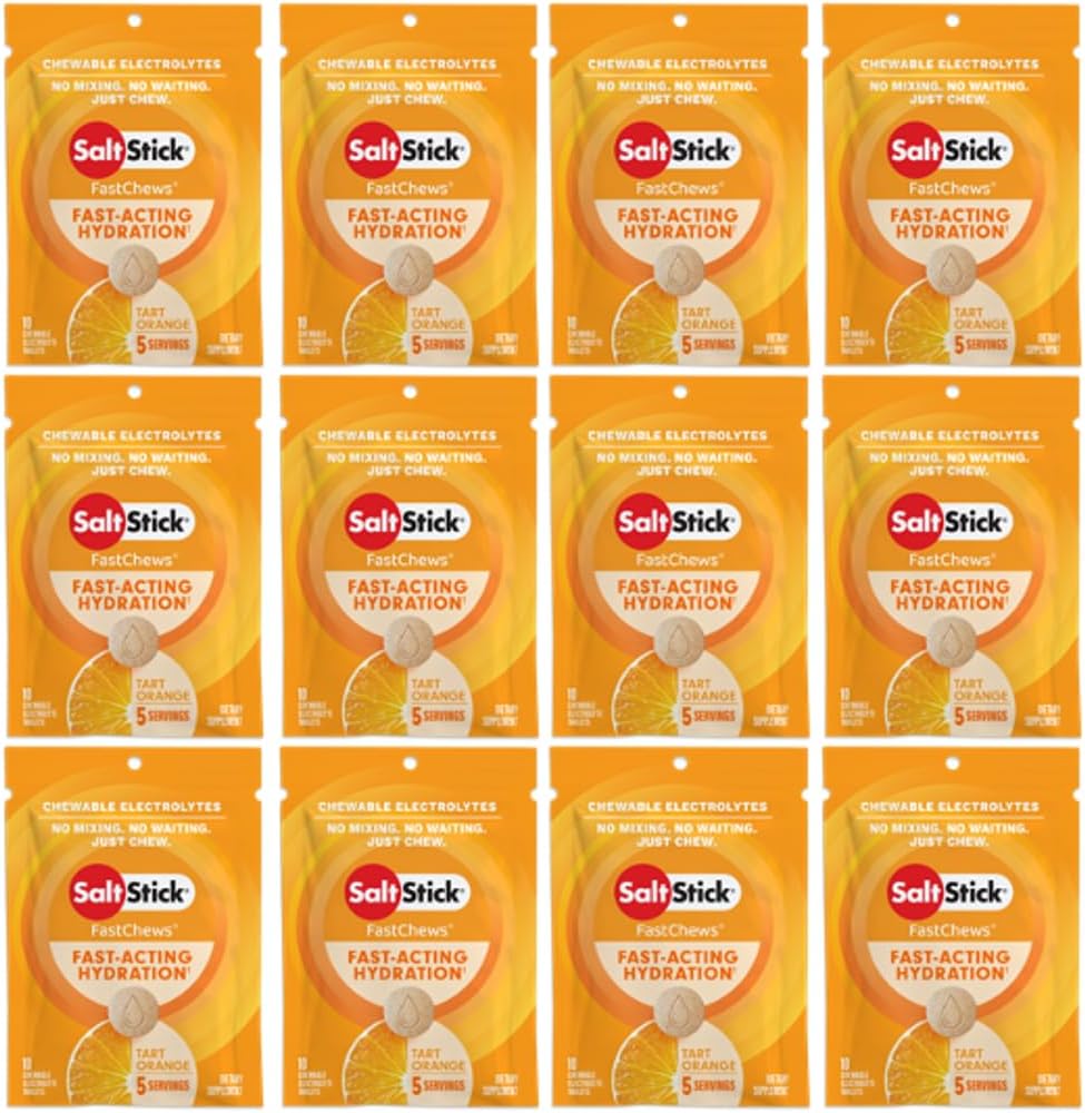 SaltStick Electrolyte FastChews - 120 Conte Orange Flavor - Electrolit tablete pentru hidratare, Sare Tabs - 10 Conte (Pachet de 12)