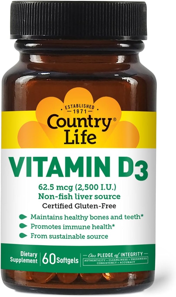 Country Life Vitamina D3 2500 I.U. Gluten-Free, 60 Softgels