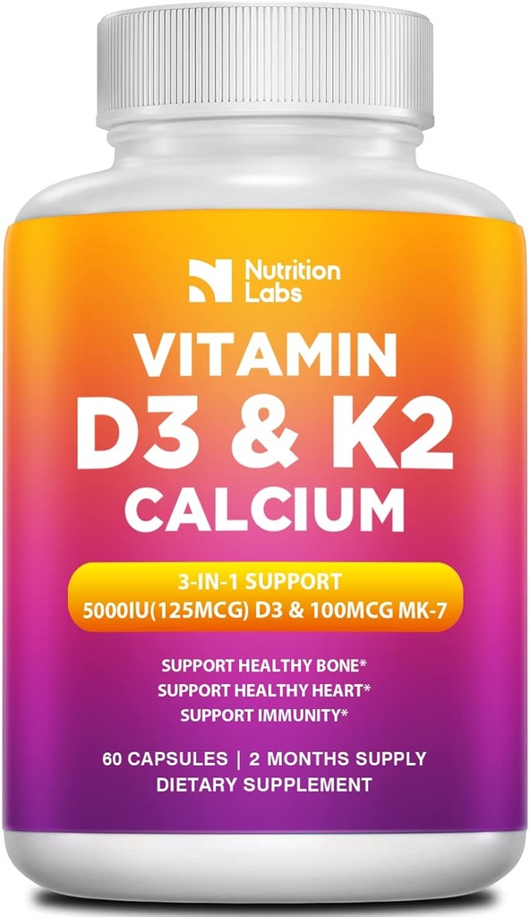 Vitamina D3 K2 5000 UI Supliment cu Calciu, Multivitamine Susţine Sănătatea Imună, Oasele Puternice, Funcţii ale picioarelor şi inimii cu Extract Bioperine Black Pepper 60 Count (Pachetul de 1)