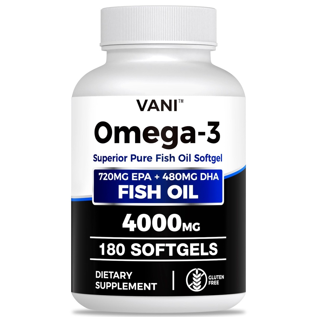 Ulei de pește Omega 3 (4000 mg), 180 Softgels,Omega 3 Suplimente acid gras cu EPA & DHA pentru creier și sănătate cardiacă