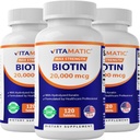 Vitamatic High Potency Biotin 20000 mcg (20mg) with Keratin 100mg - 120 Tablets - Biotin Supplements for Healthy Hair Skin & Nails for Adults (120 Count (Pack of 3))
