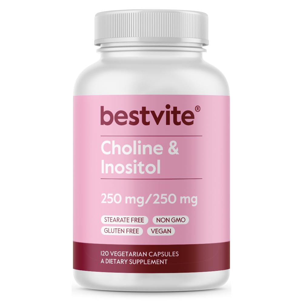 BESTVITE colină Inositol 500mg (120 capsule vegetariane) - Fără Steares - Fără fillere - Fără fosfat dicalcic - Vegan - fără OMG-uri - gluten liber