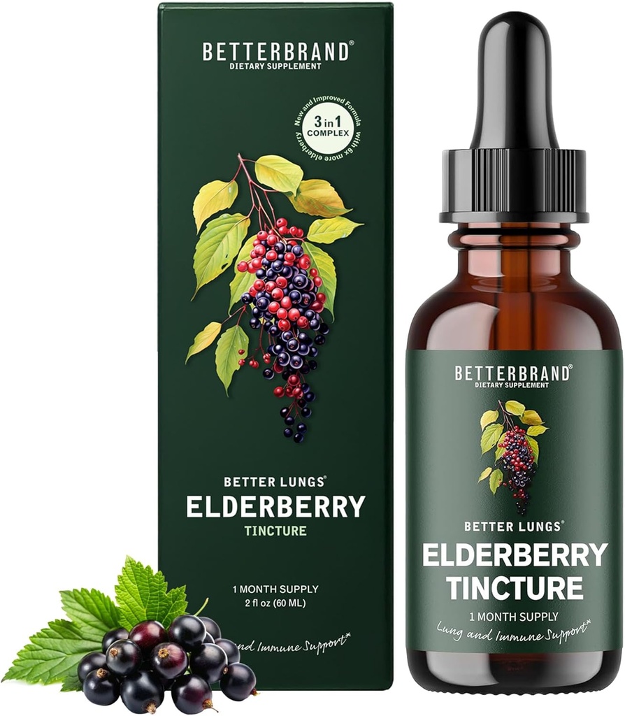 Betterbrand BetterLungs Elderberry Tincture Supliment alimentar - toate naturale fără zahăr non-GMO vegetarian pentru suport imunitar de iarnă (30 zile)