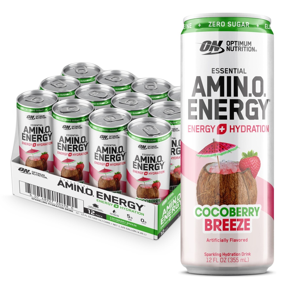 Optimum Nutrition Amino Energy Sparkling Hydration Drink, Electroliti, Cafeina, Amino Acids, BCAAs, Sugar Free, Cocoberry Breeze, 12 Fl Oz, 12 Pack (Packaging May Vary)