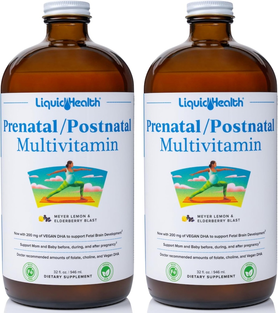 LIQUIDHEALTH Prenatal/Postnatal Multivitamine multiple lichide pentru femei cu Folat Real - Vitamine pre și postnatale pentru înainte, în timpul, după sarcină - Made în Statele Unite ale Americii, Vegan, Sugar-Free, non-GMO (2 ambalaj)