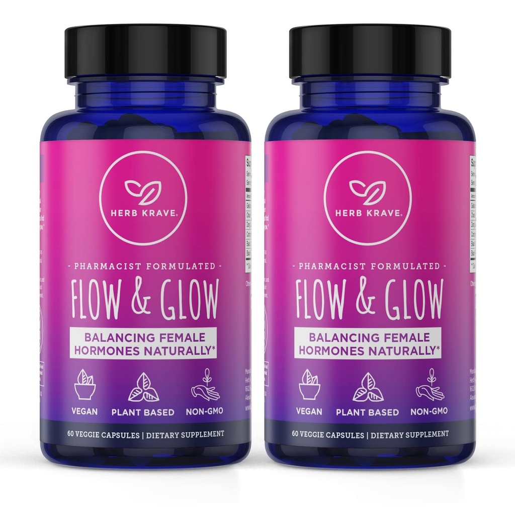Flow și Glow naturale Hormon echilibru pentru femei - PMS & Menopauza Ajutor pentru cramps, Swings și transpirații de noapte cu Donq Quai & Black Cohosh pentru Menopauza - 60 capsule Vegan (2 ambalaj)