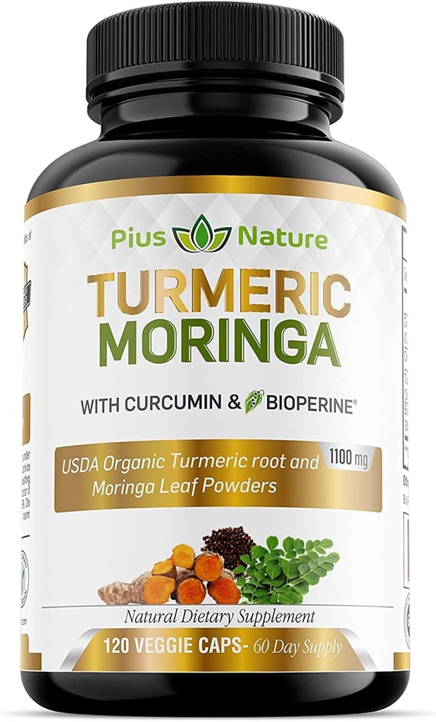 Moringa Turmeric - Suplimente cu Curcumin Turmeric Organic si Pulbere Moringa Organic - 120 Capsule Veggie Supliment pentru Femei si Barbati