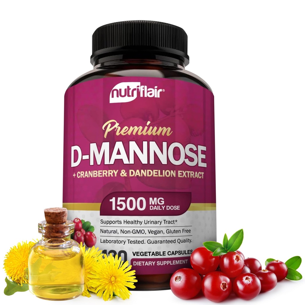 NutriFlair D-Mannose 1200mg, 120 capsule - cu Extract de merișoare și păpădie - Natural tractului urinar Suport UTI - Cel mai bun D Manose pulbere - Flush Impurities, Detox Body, pentru femei și bărbați
