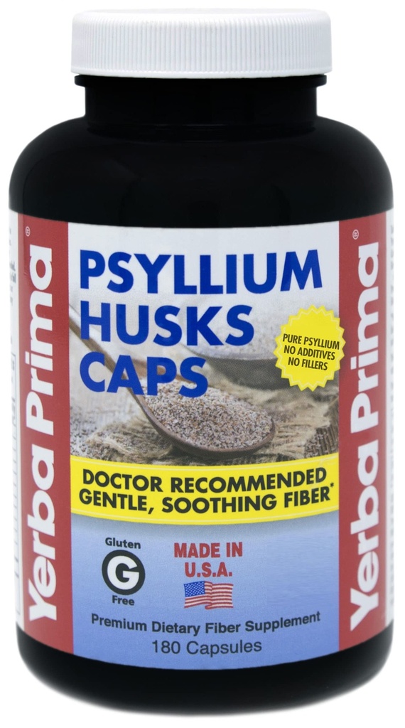 Yerba Prima Psyllium Husks Caps Dietary Fiber 625 mg, 180 capsule - Colon Curățare Supliment - Sănătate Gut - Non-GMO Gluten gratuit