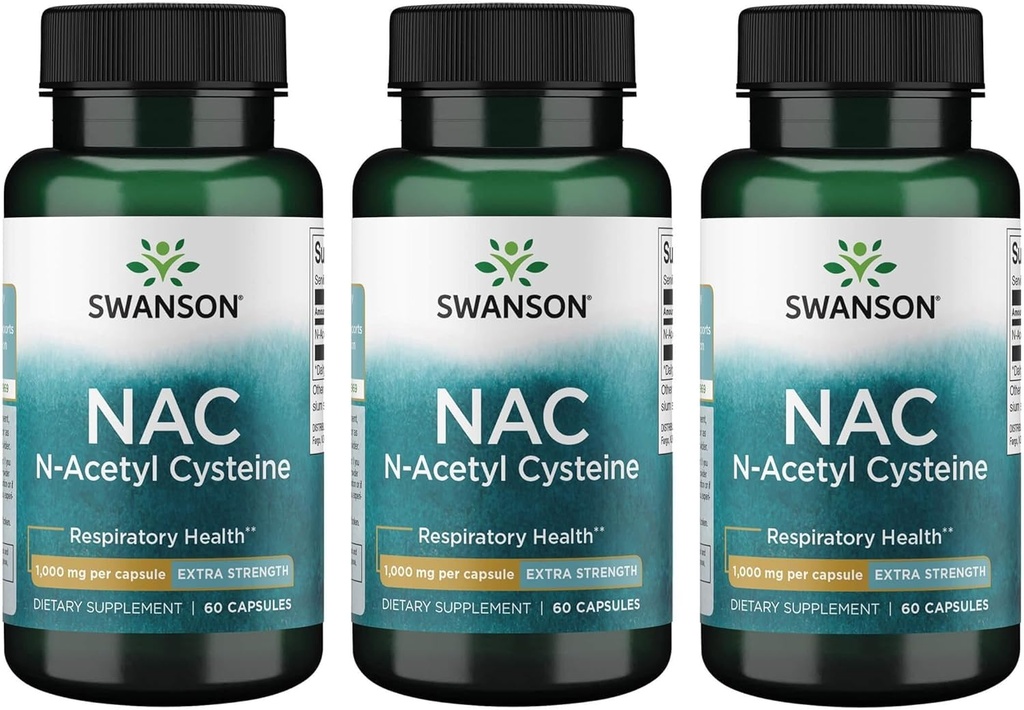 Swanson NAC N-Acetyl Cysteine - Antioxidant Anti-Agging Suport hepatic respirator - Aminoacid Supliment 1000 mg 60 Capsule (3 ambalaj)