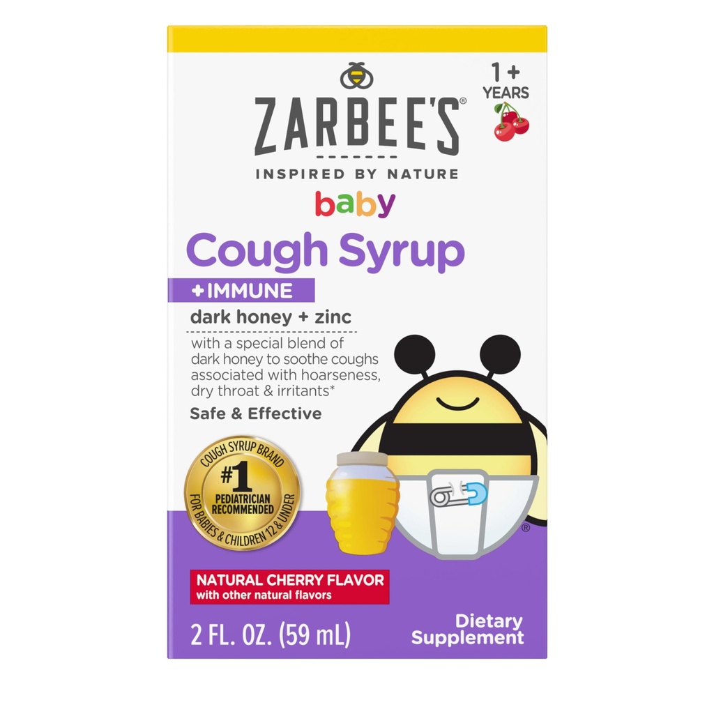 Zarbee's Baby Honey Tuse Sirop + Imuna pentru Bebelusi 12-24 luni, Sirop de tuse sigura si eficienta cu miere inchisa si zinc pentru suport imun*, Drug & Alcohol-Free, Cherry, 2 fl. oz