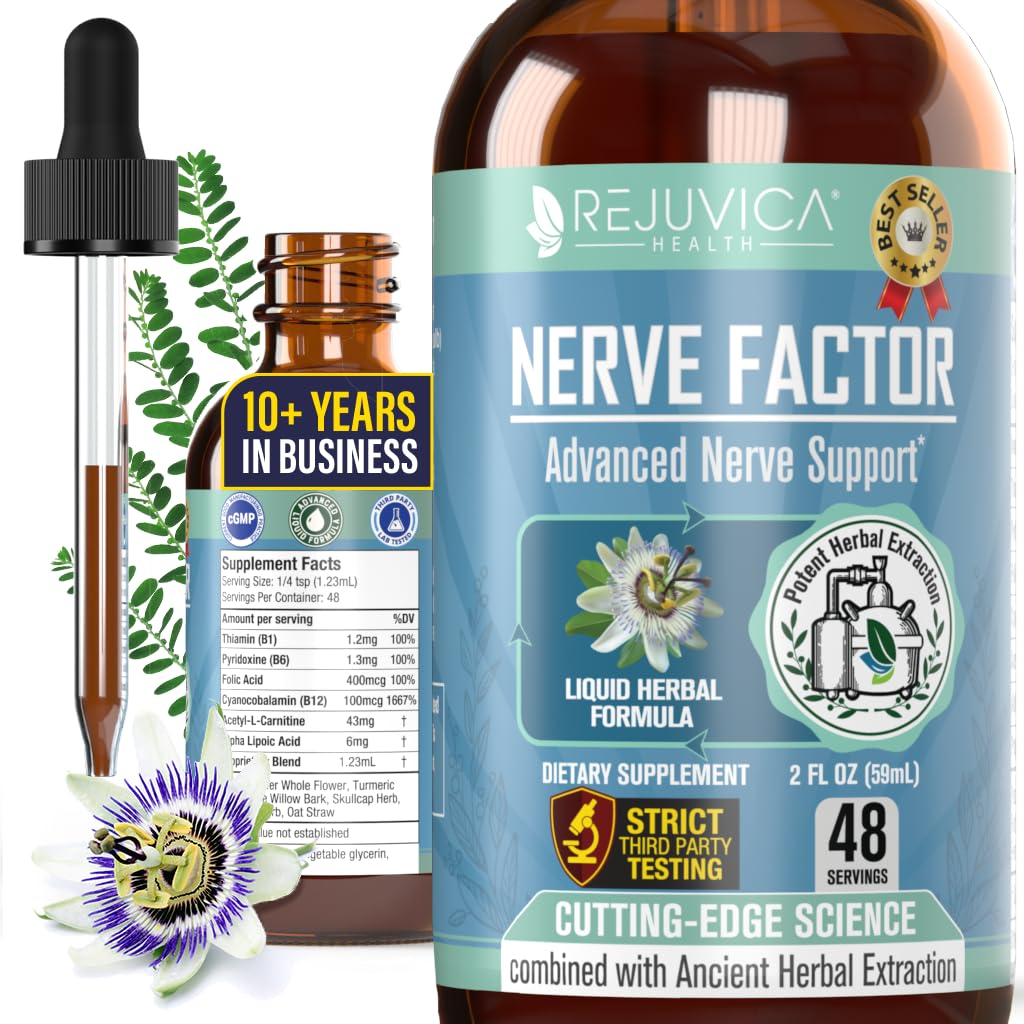 Rejuvica Health NerveFactor - Advanced Nervie Supplement - Livrare lichida pentru o mai buna absorbtie - Acetil-L-Carnitina, Alfa Acid lipoic, Vitamina B12, Acid folic, White Willow Bark & More!